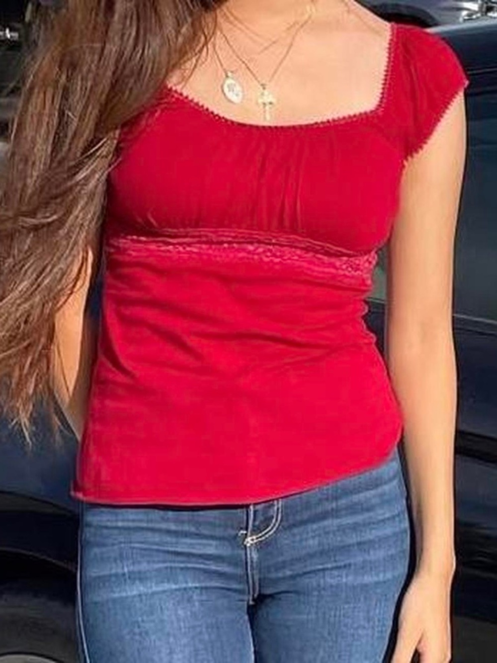 Self Esteem Ruby Red Milkmaid Cap Sleeve Babydoll Top